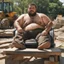 Placeholder: extreme close up photography of a sicilian ugly burly serious wet sweaty, chubby strong fat carpenter, shirtless, boxer, bulge, manly chest, very hairy allover, big goatee 26 years old, curly short hair, sit sleeping with open legs on a little chair , on a construction site in the middle of a road, under the August sun, emotional eyes, , hyper-realistic, photorealistic , frontal view from the ground