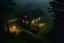 Placeholder: It's a misty night. a third person view looking down on a house that is lighted enclosed by a forest