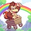 Placeholder: vector Cartoon Donkey Kong riding a rainbow in a cart in pixel
