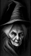 Placeholder: pencil drawing of old witch, Spooky, scary, halloween, realistic, black paper