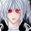 Placeholder: Anime character with white skin, red eyes, white hair, black clothing, in a magical medieval setting