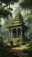 Placeholder: An old temple surrounded by bamboo trees with big ancient statue in India with monkeys here and there climbing , Busch painting style nightmare