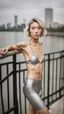 Placeholder: beautiful anorexic asian female, total shot, shiny silver triathlon swimsuit, short blond wavy bob hair, blurred city background