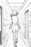 Placeholder: blonde girl runs in a corridor, back view, line arts, manga style