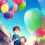 Placeholder: alone young anime child letting go of a balloon, looking up into the sky at the balloon