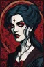 Placeholder: museum quality color woodblock print of a simply dressed, enigmatic, darkly visionary and disturbed Malkavian female vampire with highly detailed hair and facial features , with a fine art , graphic novel aesthetic, highly detailed, finely cut ,8k render,