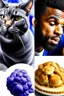 Placeholder: blueberry galaxy cat food and a man eating it and crying and Lebron eating it