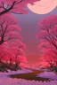 Placeholder: a land scape of Japanese garden, big red moon, red light, black sky, starlight night , surrounded by cherry blossom trees, cel shading