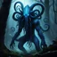 Placeholder: [high res photo] creature from the depths of the dark forest, a shadowy being with tentacles for arms and eyes that glow in the night. This monster wears socks in knitwear, with a pattern resembling ancient runes.