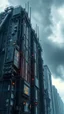 Placeholder: Synthography Art generated Of a city with huge building with visual details of mechanical and electrical components textures with gray clouds storm in the background