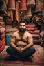 Placeholder: close up photography of a burly chubby muscular strong 23-year-old turkish man in Istanbul bazaar, shirtless, short beard, selling carpets sitting on a pile of carpets, big shoulders, manly chest, very hairy, side light, view from the ground