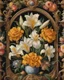 Placeholder: Baroque style symmetrical pattern of hyper realistic •Iris •Lilies •Marigolds •Roses •Tulips, realistic details, fine details, beautiful antique porcelain frame, crystal glass, and pearls