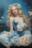 Placeholder: blue, large, Amanda Seyfried, blonde, floral designs, atmospheric, beautiful, China Doll, Lap dog, oil painting by Frank Frazetta