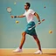 Placeholder: the tennis player juggles his racket: colorful and humorous, quirky avant garde [in oger dean's style] futuristic, neo-dada