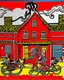 Placeholder: A red smoking western town with iron horseshoe painted by Keith Haring