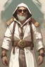 Placeholder: cleric in a white hood with a valknut emblem, smiling, wearing cool aviator sunglasses, disco elysium art style