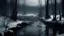 Placeholder: a snowy forest scene, harsh climate, lake, eerie, distant dark soul beings, scary, cold,