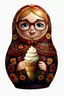 Placeholder: draw a Russian matryoshka doll in the style of Khokhloma, the matryoshka is smiling, the matryoshka has a icecream in her hands, a frontal angle, a picture on a white background, the matryoshka is drawn entirely, a highly detailed 3d picture