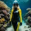 Placeholder: Blonde, black latex hazmat suit, clear helmet, underwater reef