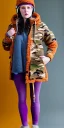 Placeholder: Brunette woman. average body type, think thighs and thick calves. Mantle is sewed of recycled Denim and sewed together of camouflage pieces. Printed camouflage figures are orange,terracotta, cream and purple. It is with big bright purple felt tippet and cream-colored-hood. mantle is merged with satchel. . AKG-style headphones (gold rings!) is merged with small felt cap with small visor. Style: Haute Couture in 1936, Paris fashion in 2023, inspired by street art. Cream latex gaiter.