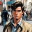 Placeholder: a young man in the streets of Athens, style of Neal Adams, zoomed out