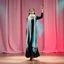 Placeholder: lady in azeri dance custum change clothing color to cyan and black fullbody shot standing in a pretty stage,not decolte,with a long white lace scarf