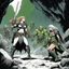 Placeholder: [comic book art by Le Tendre et Loisel (la quete de l oiseau du temps, 1987)] two human woman warrior after a battle in a cave surrounded by dead bodies of green orcs and goblins, one has a sword, the other has a battle axe