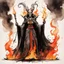 Placeholder: create an abstract ink wash and watercolor full body caricature of an aged, malevolent, ornately dressed , 14th century sorceress engulfed in fire ,highly detailed with refined facial features in the cartoon caricature style of Gerald Scarfe and Ralph Steadman precisely drawn, boldly inked, vividly colored, 4k