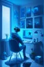 Placeholder: Metaverse artist 3d character seating in front of computer and make something on their screen wear VR Box a blue fog volume light coming from side window realistic interior with lot of technology gadgets some painting and poster on wall.