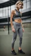 Placeholder: photography of a beautiful anorexic woman, grey satin triathlon top, sports illustrated, blond short wavy bob haircut, pronounced sternum, flat chest, anthracite cycling leggins