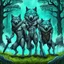 Placeholder: digital art two gray body hair anthropomorphic wolves together they carry a heavy blacksmith anvil in their paws in a blue-green meadow, in the background trees with huge trunks rainy day, high contrast, high detail, atmospheric, dark fantasy, sci-fi atmosphere, cinematic