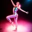 Placeholder: one hit, disco ,fog ,close up portrait of happy yoga dancer on the dancefloor, spotlights, mirror ball, light rays from ball, realism