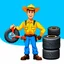 Placeholder: retro cartoon company mascot of a vehicle mechanic with a hint of forest ranger, holding a torque-wrench and next to a stack of tires