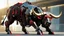 Placeholder: an advanced robot bull, with weapons, red led eyes, black color, golden horns, angry, in a bullring