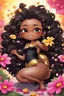 Placeholder: A sassy thick-lined airbrushed cartoon black chibi girl lounging lazily on her side, surrounded by flower petals. She has a golden lion tail curling playfully behind her curvy body. Looking up coyly, she grins widely, showing sharp lion teeth. Her poofy hair forms a mane framing her confident, regal expression.