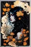 Placeholder: abstract creation of a beautiful girl with black curly hair, surrounded by black roses, thick metal chain broken, glass petals on the ground, autumn colours,dried out thorn bush, chaos,