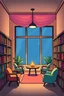 Placeholder: Warm, cozy, colourful, drawn, library, omori, empty, background