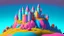 Placeholder: Pink, orange, yellow, dark blue and aqua blue castle on a hill, detailed