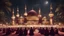 Placeholder: Hyper Realistic Photographic-View of lots of Muslim-Men praying outside a Massively-Huge-Beautifully-Crafted-Maroon-&-Golden Mosque with detailed-minarets & Ramadan-Light-Decorations-&-Lamps-&-a-fountain at beautiful-dark-night with dramatic-&-Cinematic-Ambiance