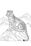 Placeholder: Snow leopard on the high altitude of Himalaya, clean line art, white background, no shadows, well outlined, for kids coloring book, cartoon style.