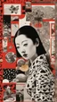 Placeholder: surreal collage art crafted from vintage Japanese magazines poster Novell , art composition by kusama, sci-fi elements , Alice's Wonderland, black and white and deep red