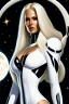 Placeholder: White woman with long blonde hair, a good, athletic body, nice legs, and a large bust, dressed in a white and black latex mini suit, stay in an alien-like technological ship, black ground moon and stars