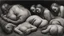 Placeholder: A haunting charcoal drawing capturing bodies in the dark, fat and thin and hunched, with intricate shading and depth