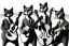 Placeholder: Group of three mature cats musicians, one cat playing guitar, one cat playing drums, one cat holding microphone and singing, singing, street, Vienna, smiling, sunny day, model style, hyper realistic, extremely accurate, delicate, extremely detailed, Graphic novel style, wide-angle, open aperture, superfine pencil