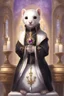 Placeholder: (anthropomorphic white ferret),dressed in ((cleric fantasy)) black clothes with silver holy ornaments, realistic anatomy, posing, cute face, fantasy inspire, church on background with warm sunshine lighty from behind, gloomy atmosphere purple armband, The holy icon style, RTX, praying pose, close eyes:2.5