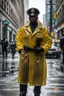 Placeholder: retro nypd full body color blackman policeman wtih exosqueleton with heavy yellow rain transparent coat