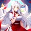 Placeholder: Clear focus, 8k, beautiful lighting, vibrant colors, fox girl, white hair, long hair, golden eyes, miko, tail, smile,