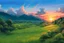 Placeholder: It is a scenic landscape with a lush green meadow, rolling hills, and a vibrant sunset sky with colorful clouds. The background features a range of mountains silhouetted against the warm orange and pink hues of the setting sun. like Studio Ghibli and oil painting