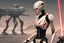 Placeholder: A B1 battle droid, feminine in appearance and athletic in figure. Her body is robotic and presents a feminine figure. The color of its body is black with red parts. He holds a laser submachine gun in his hands and has a black hooded cape as clothing.