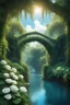 Placeholder: fabulous big magical beautiful Bridge among relict trees, tropical forest in some places covered with ivy, beautiful white roses, around blue beautiful river fantasy, photo